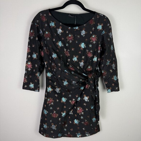 Lake Studio Floral Jacquard Wrap Mini Dress Black NWT 3/4 Sleeve Size 8 Ukraine - Picture 4 of 8